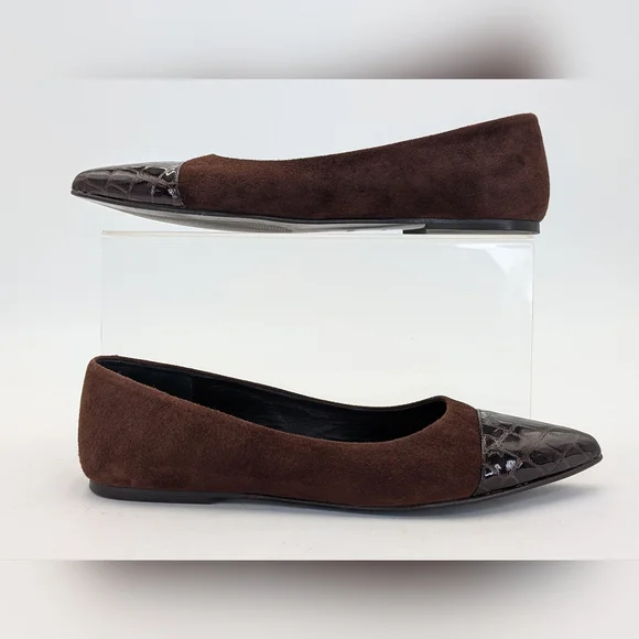 Flattered Studio Sz 6 Luxurious Suede & Croc-Embossed Brown Pointed Ballet Flats - Picture 9 of 17